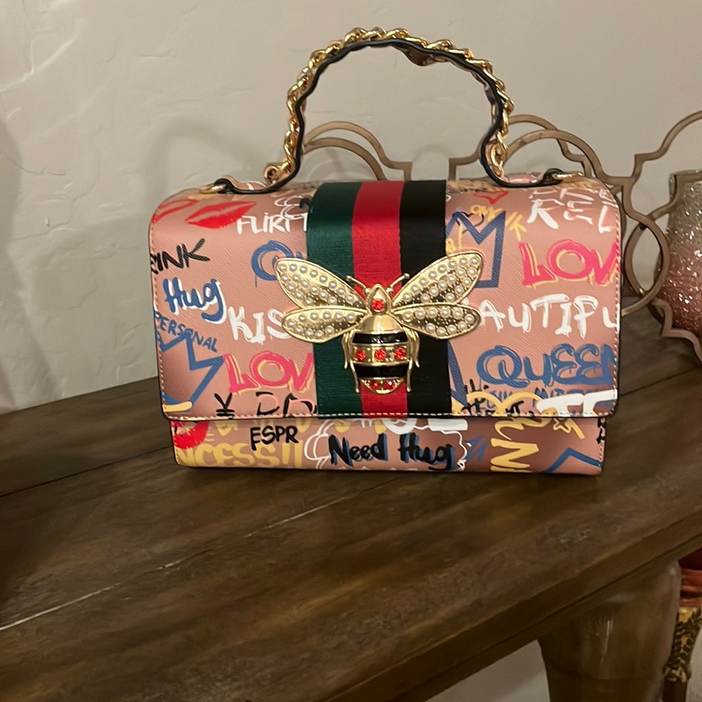 Designer Gold Graffiti Satchel Bag Set